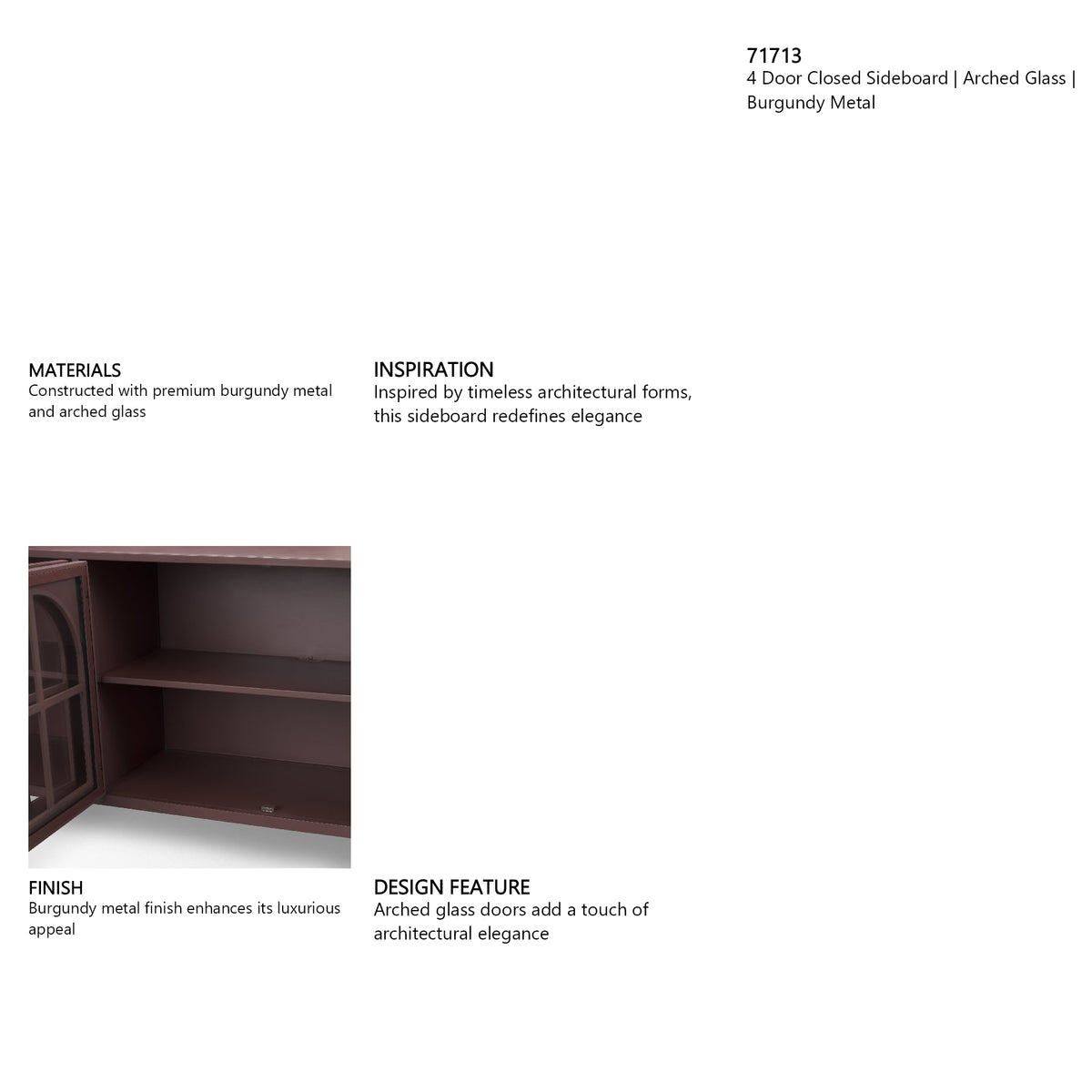 Rousseau 4 Door Closed Sideboard | Arched Glass | Burgundy Metal by Mercana at Eve Furniture