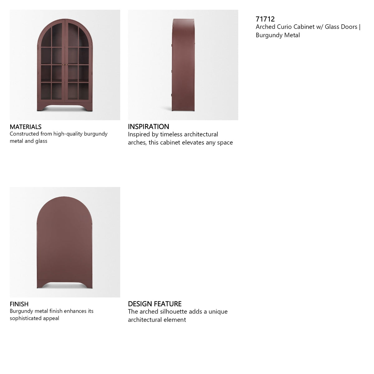 Rousseau Arched Curio Cabinet w/ Glass Doors | Burgundy Metal by Mercana at Eve Furniture