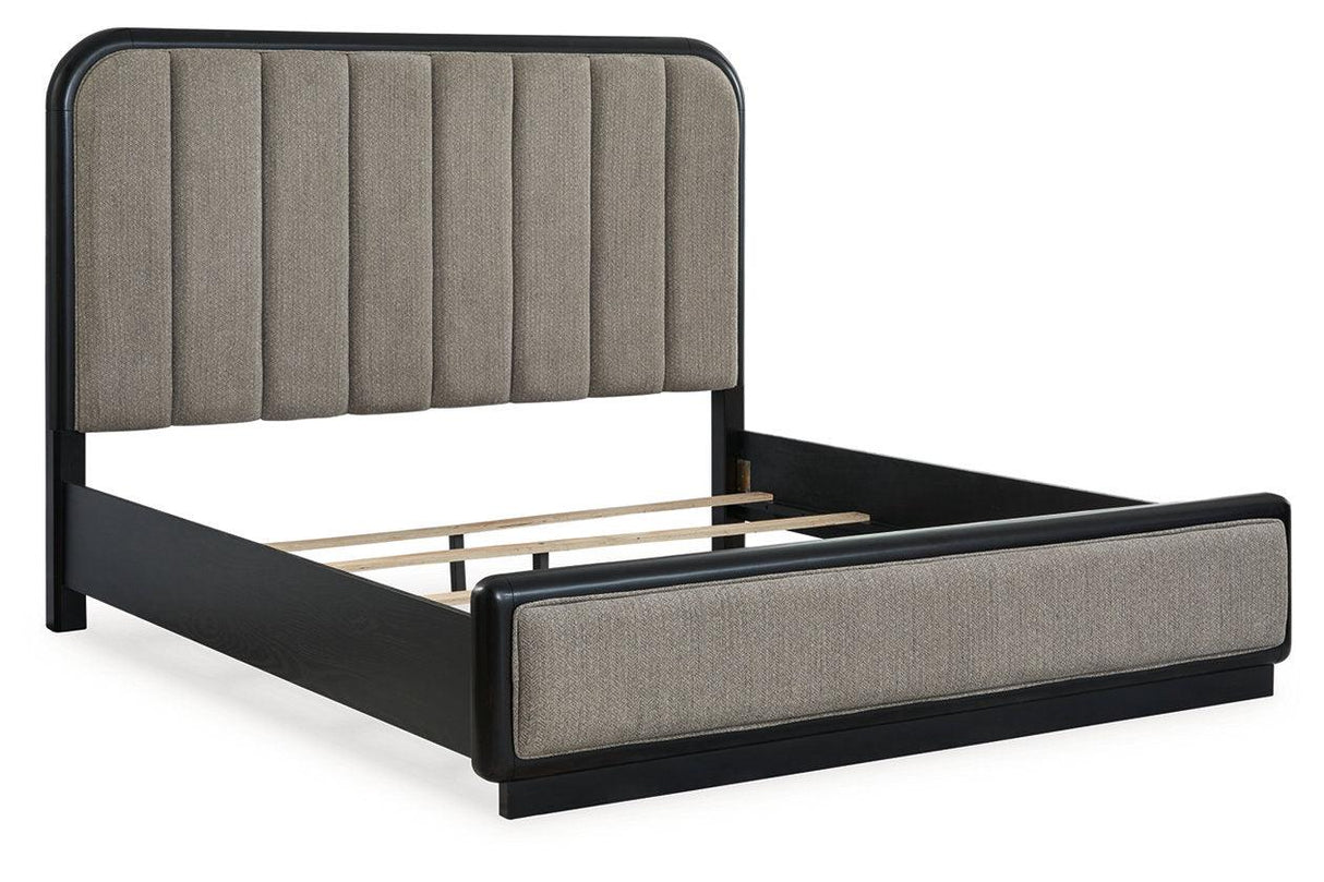 Rowanbeck Gray/Black California King Upholstered Panel Bed by Ashley at Eve Furniture