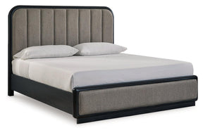 Rowanbeck Gray/Black California King Upholstered Panel Bed by Ashley at Eve Furniture