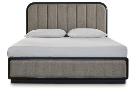 Rowanbeck Gray/Black King Upholstered Panel Bed by Ashley at Eve Furniture