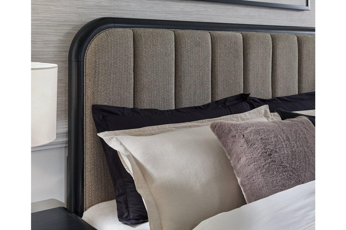 Rowanbeck Gray/Black King Upholstered Panel Bed by Ashley at Eve Furniture