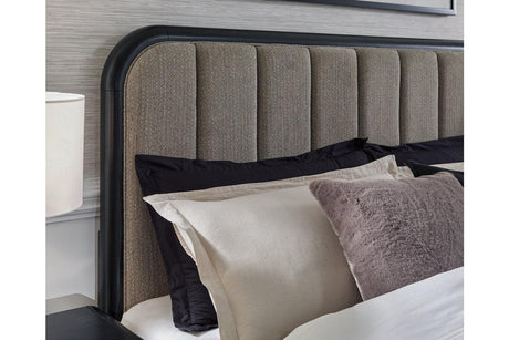 Rowanbeck Gray/Black King Upholstered Panel Bed by Ashley at Eve Furniture