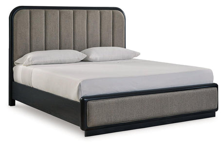 Rowanbeck Gray/Black King Upholstered Panel Bed by Ashley at Eve Furniture