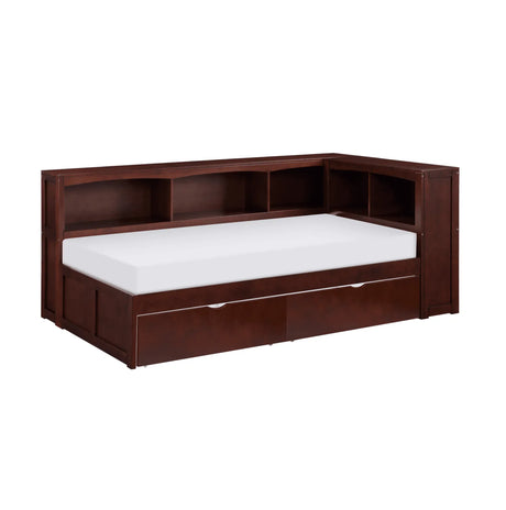 Rowe Dark Cherry Twin Bookcase Corner Bed with Storage Boxes by Homelegance at Eve Furniture