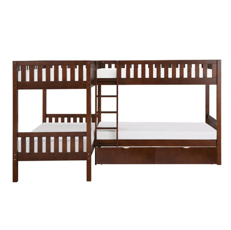 Rowe Dark Cherry Twin Corner Bunk Bed with Storage Boxes by Homelegance at Eve Furniture