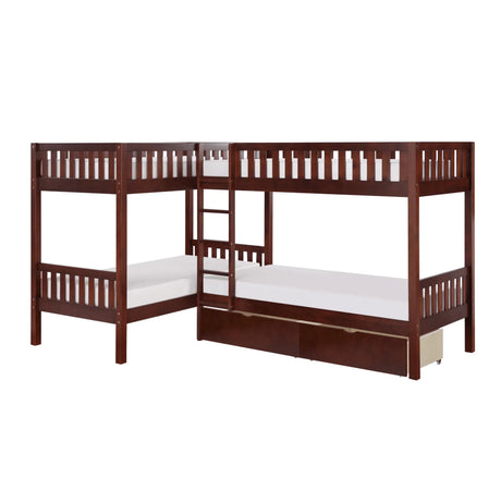 Rowe Dark Cherry Twin Corner Bunk Bed with Storage Boxes by Homelegance at Eve Furniture