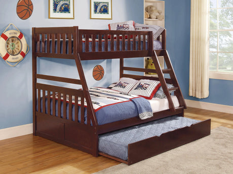 Rowe Dark Cherry Twin/Full Bunk Bed with Twin Trundle by Homelegance at Eve Furniture