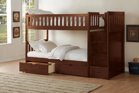 Rowe Dark Cherry Twin/Twin Step Bunk Bed with Storage Boxes by Homelegance at Eve Furniture