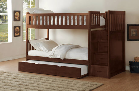 Rowe Dark Cherry Twin/Twin Step Bunk Bed with Twin Trundle by Homelegance at Eve Furniture