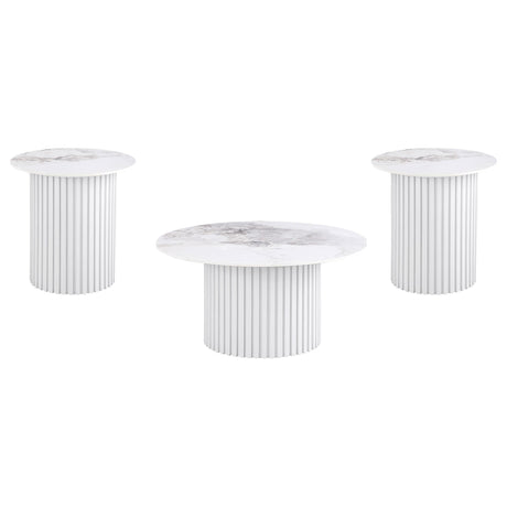 Rowena White 3-Piece Faux Marble Coffee and End Table Set by Coaster at Eve Furniture