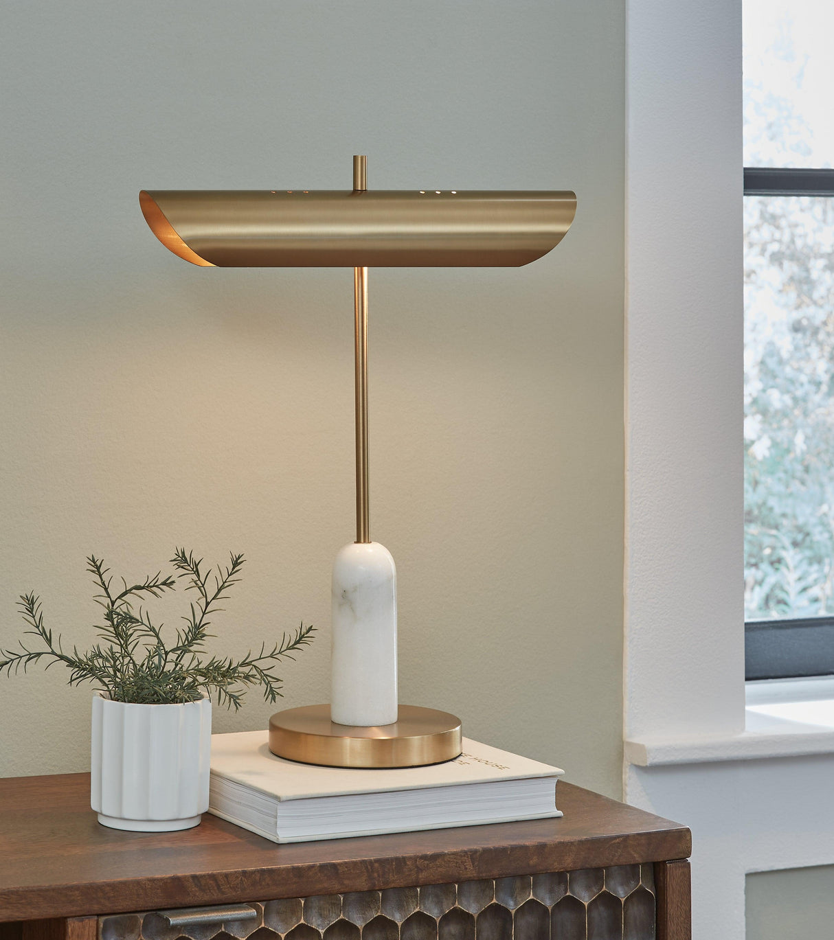 Rowleigh Gold Finish/White Desk Lamp by Ashley at Eve Furniture