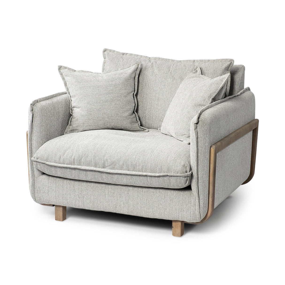 Roy II Frost Gray Upholstered and Brown Wood Frame Arm Chair by Mercana at Eve Furniture