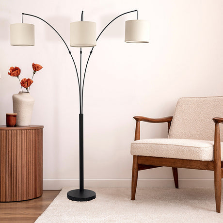 Royal 3-Arm Metal Arc Floor Lamp, Oil Rubbed Bonze with Linen Shade, 4 way Rotary Switch by Ashcroft Furniture at Eve Furniture
