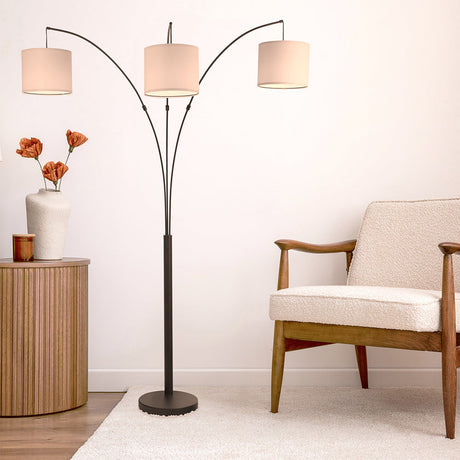 Royal 3-Arm Metal Arc Floor Lamp, Oil Rubbed Bonze with Linen Shade, 4 way Rotary Switch by Ashcroft Furniture at Eve Furniture