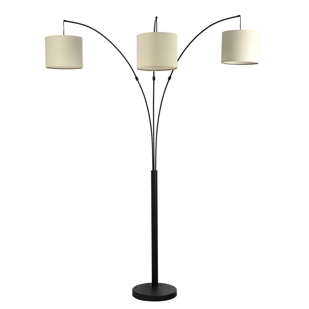 Royal 3-Arm Metal Arc Floor Lamp, Oil Rubbed Bonze with Linen Shade, 4 way Rotary Switch by Ashcroft Furniture at Eve Furniture