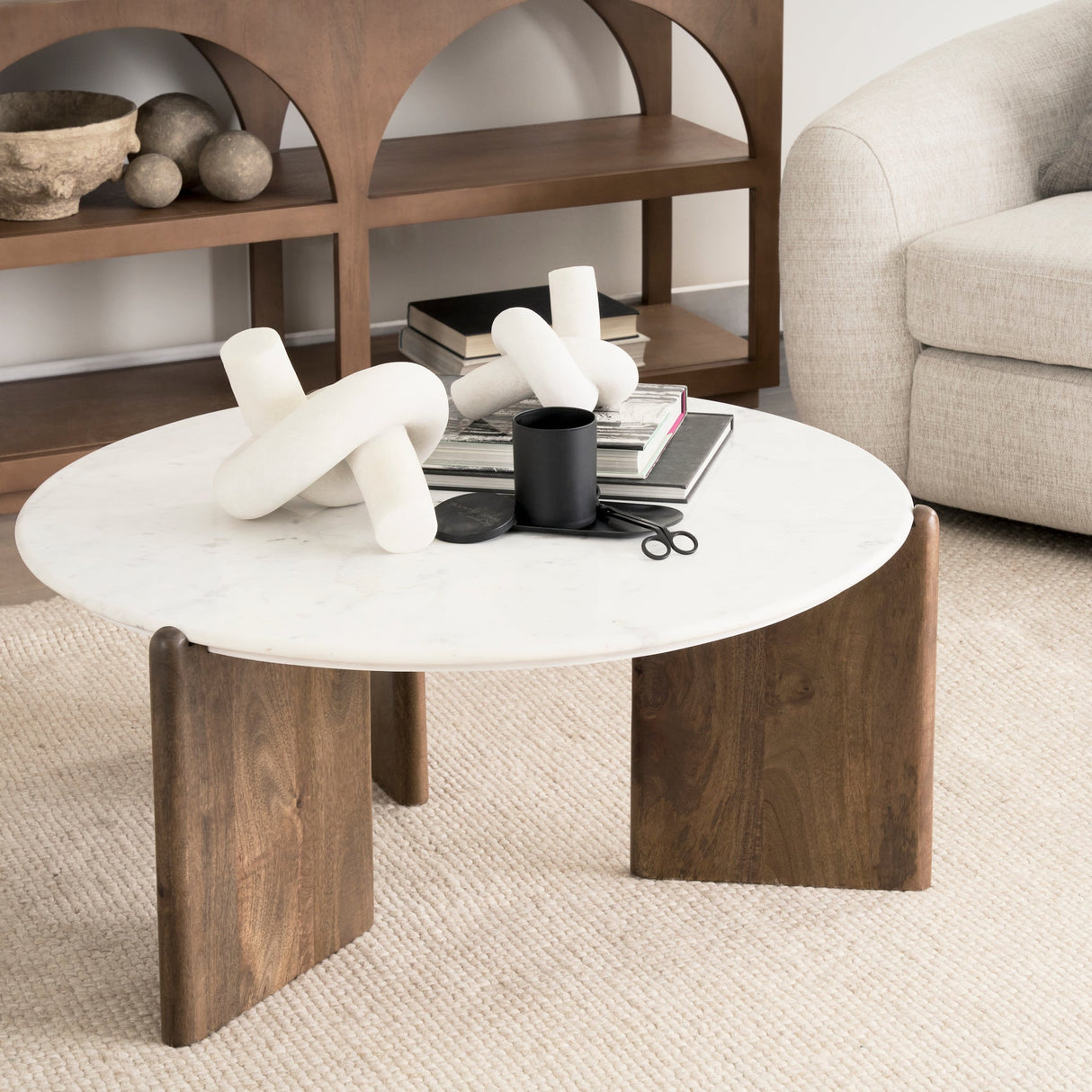 Rumer Dark Brown Wood w/ White Marble Coffee Table by Mercana at Eve Furniture