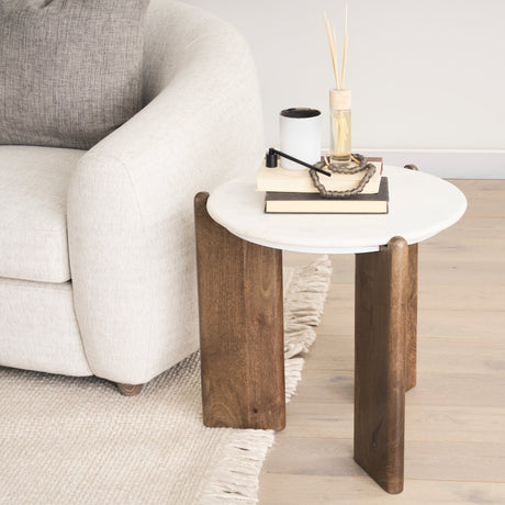 Rumer Dark Brown Wood w/ White Marble Side Table by Mercana at Eve Furniture