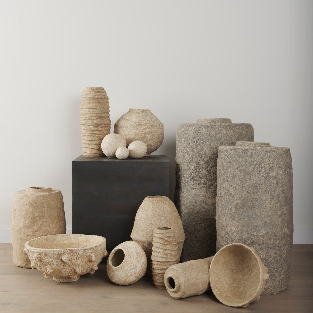 Rundal Small Beige Paper Mache Vase by Mercana at Eve Furniture