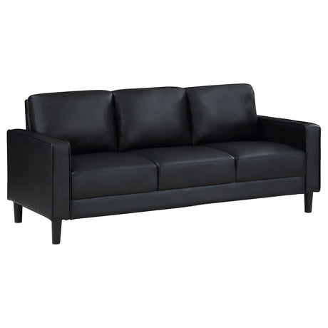 Ruth Black Upholstered Track Arm Faux Leather Living Room Set by Coaster at Eve Furniture