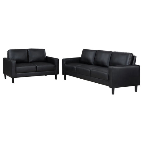 Ruth Black Upholstered Track Arm Faux Leather Living Room Set by Coaster at Eve Furniture