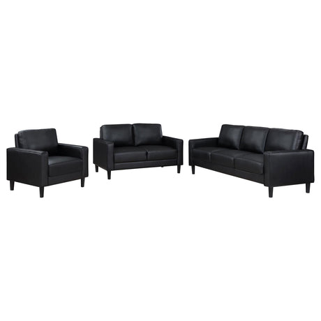 Ruth Black Upholstered Track Arm Faux Leather Living Room Set by Coaster at Eve Furniture