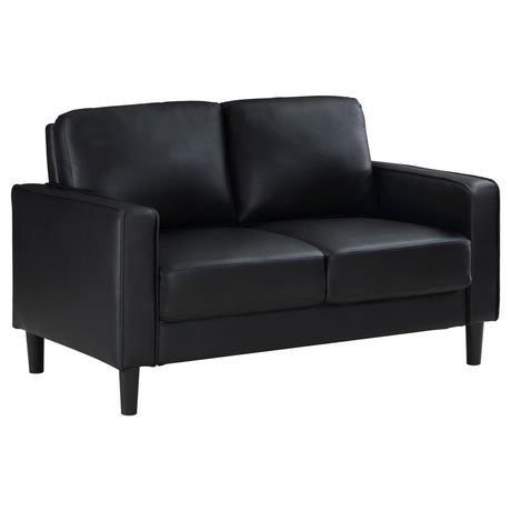 Ruth Black Upholstered Track Arm Faux Leather Living Room Set by Coaster at Eve Furniture