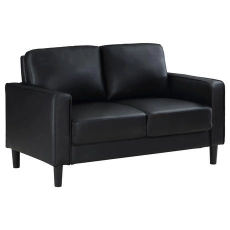 Ruth Black Upholstered Track Arm Faux Leather Loveseat by Coaster at Eve Furniture