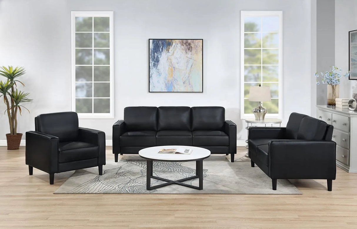 Ruth Black Upholstered Track Arm Faux Leather Loveseat by Coaster at Eve Furniture