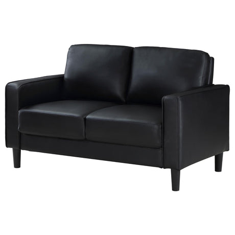 Ruth Black Upholstered Track Arm Faux Leather Loveseat by Coaster at Eve Furniture