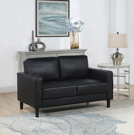 Ruth Black Upholstered Track Arm Faux Leather Loveseat by Coaster at Eve Furniture