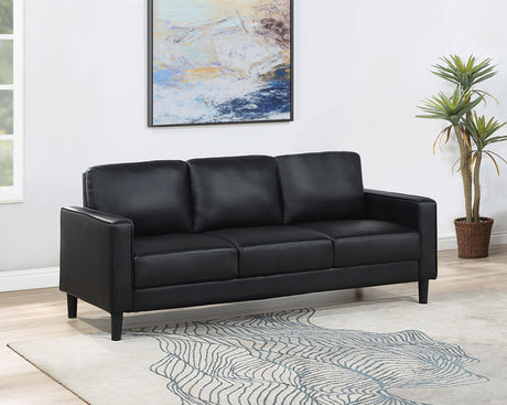 Ruth Black Upholstered Track Arm Faux Leather Sofa by Coaster at Eve Furniture