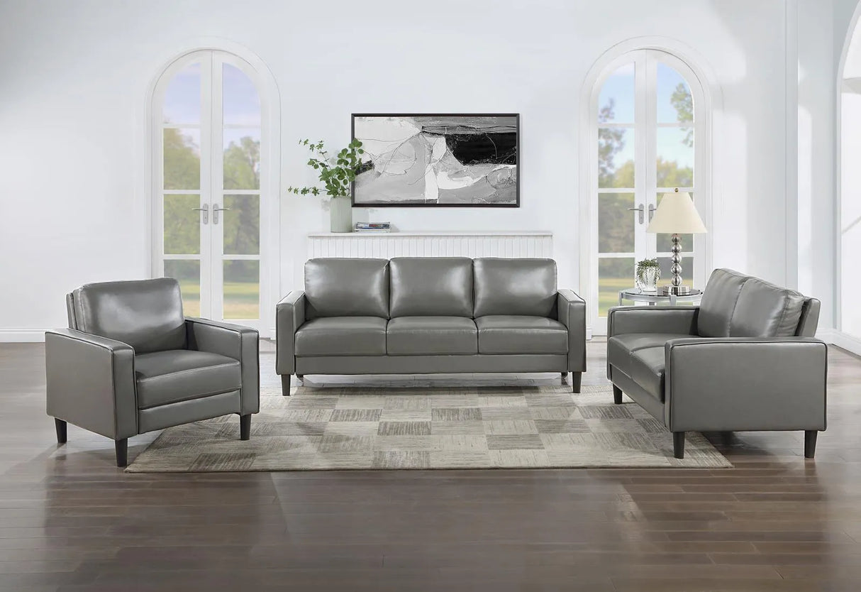 Ruth Grey Upholstered Track Arm Faux Leather Sofa by Coaster at Eve Furniture