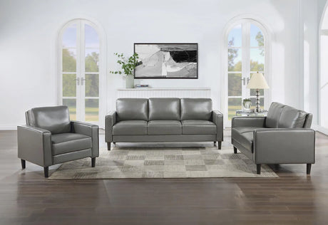 Ruth Grey Upholstered Track Arm Faux Leather Sofa by Coaster at Eve Furniture