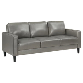 Ruth Grey Upholstered Track Arm Faux Leather Sofa by Coaster at Eve Furniture