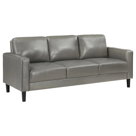 Ruth Grey Upholstered Track Arm Faux Leather Sofa by Coaster at Eve Furniture