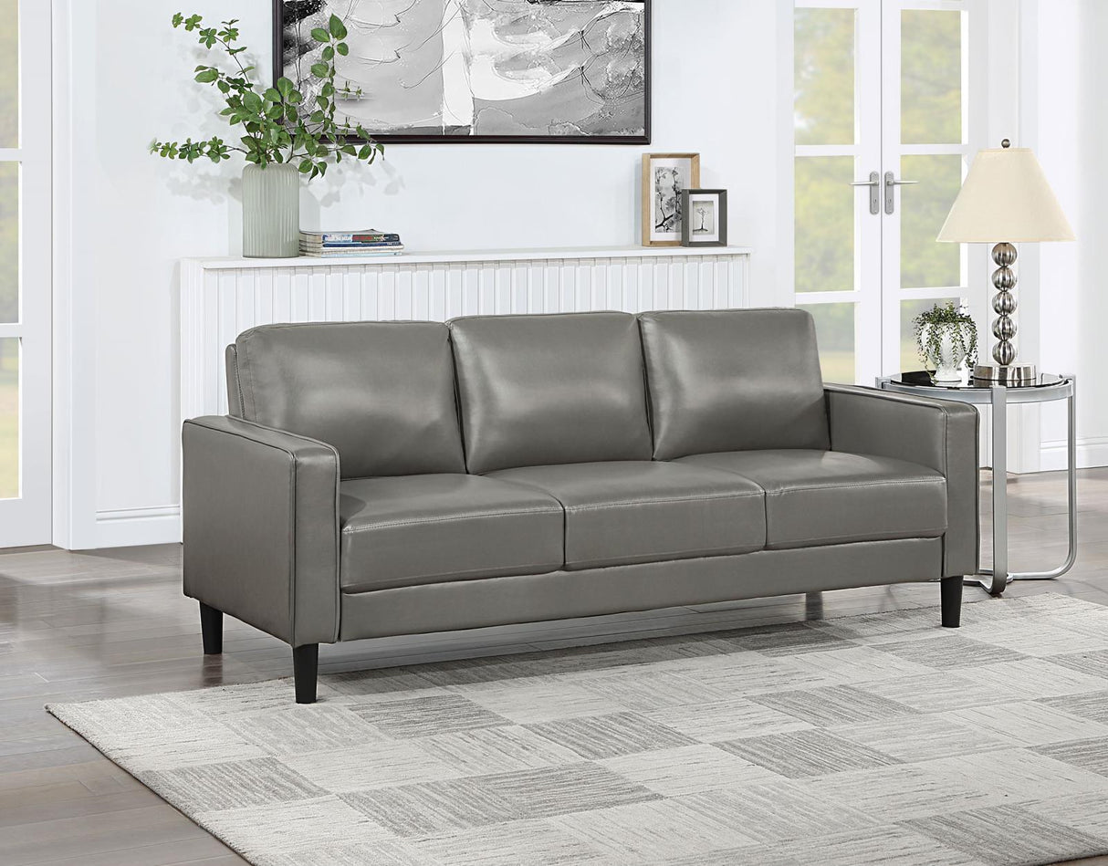 Ruth Grey Upholstered Track Arm Faux Leather Sofa by Coaster at Eve Furniture