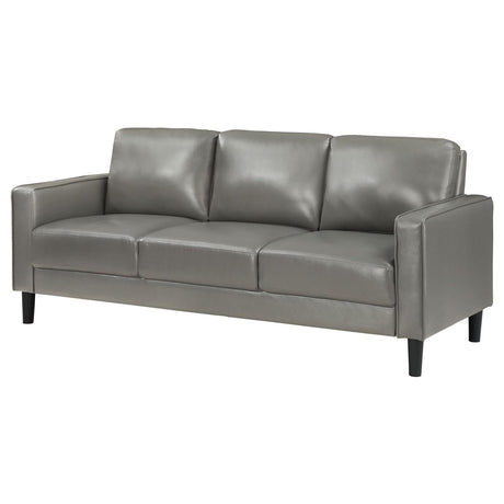 Ruth Grey Upholstered Track Arm Faux Leather Sofa by Coaster at Eve Furniture