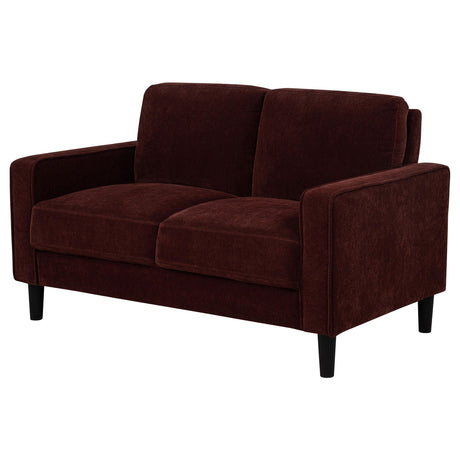 Ruth Rust Red Fabric Upholstered Track Arm Loveseat by Coaster at Eve Furniture