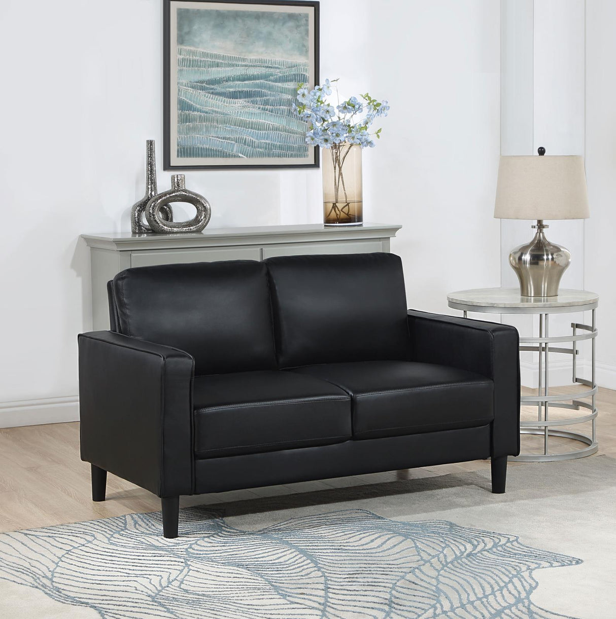 Ruth Black Upholstered Track Arm Faux Leather Loveseat by Coaster at Eve Furniture