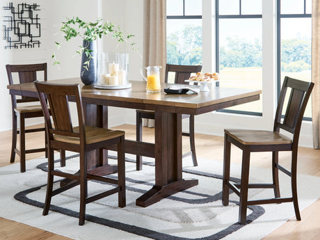 Rylandeen Light Brown/Dark Brown Counter Height Dining Table and 4 Barstools by Ashley at Eve Furniture