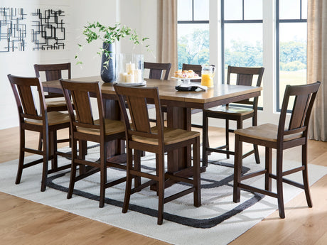 Rylandeen Light Brown/Dark Brown Counter Height Dining Table and 8 Barstools by Ashley at Eve Furniture