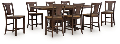 Rylandeen Light Brown/Dark Brown Counter Height Dining Table and 8 Barstools by Ashley at Eve Furniture