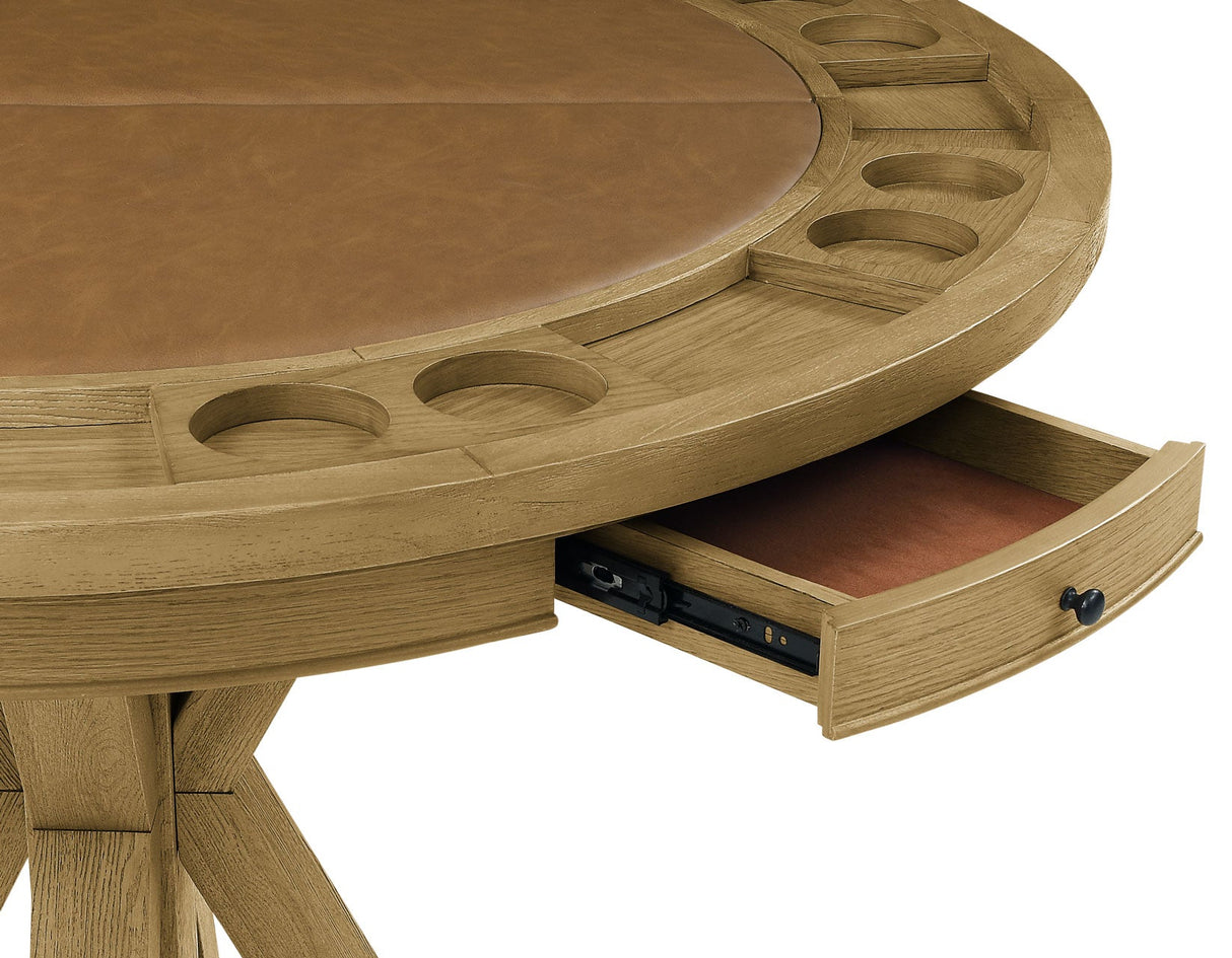 Rylie 48-inch Round Counter Dining Table with 4 Drawers and Folding Game Top, Natural Finish