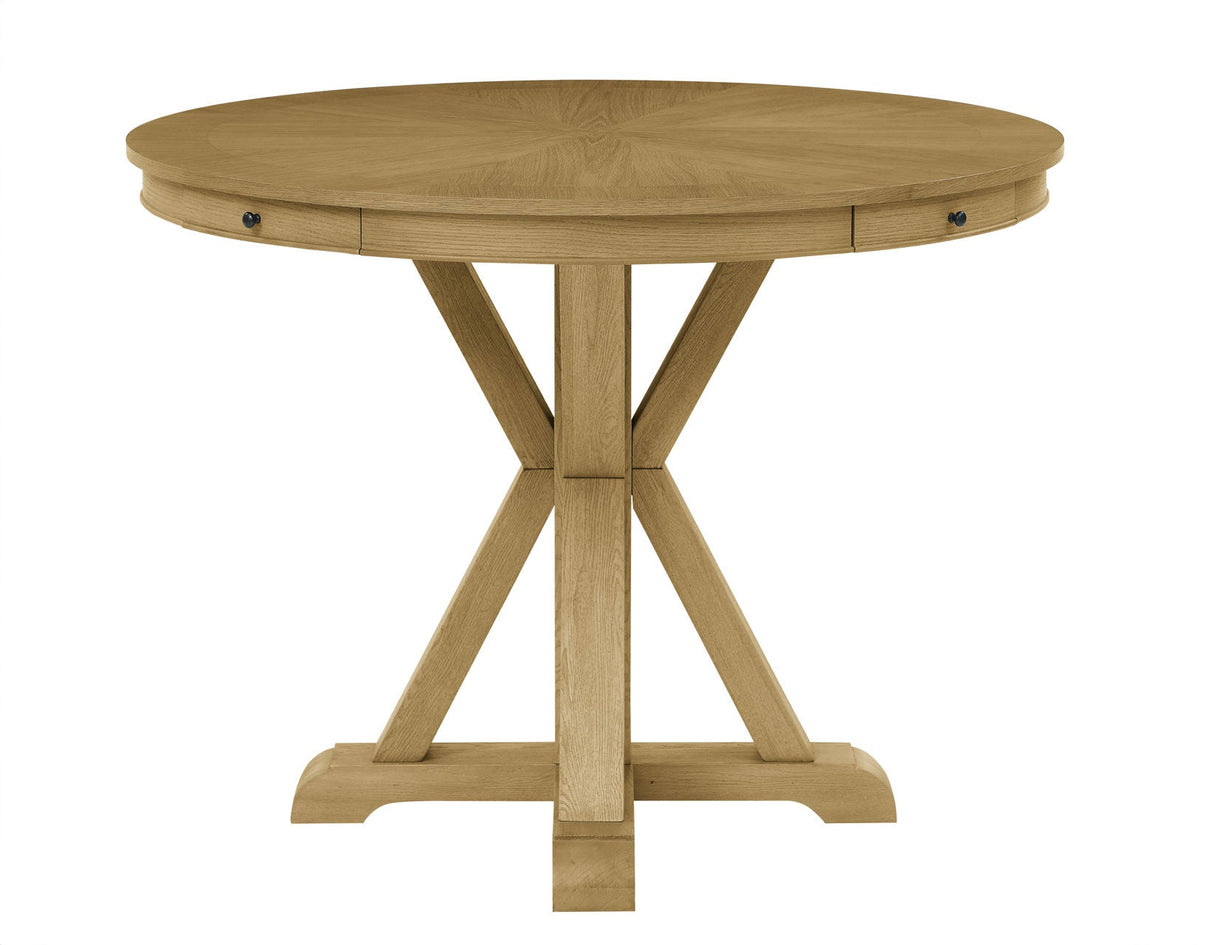 Rylie 48-inch Round Counter Dining Table with 4 Drawers and Folding Game Top, Natural Finish