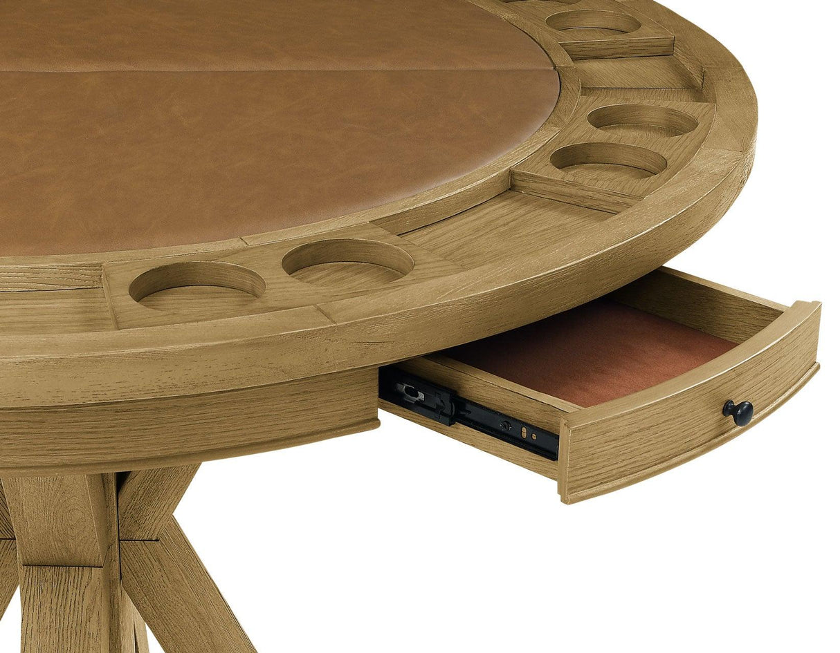 Rylie 48-inch Round Counter Dining Table with 4 Drawers and Folding Game Top, Natural Finish by Steve Silver at Eve Furniture