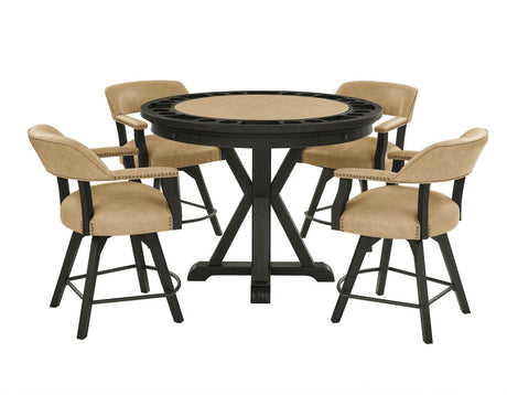Rylie 48-inch Round Counter Dining Table with 4 Drawers and Game Top, Black Finish by Steve Silver at Eve Furniture
