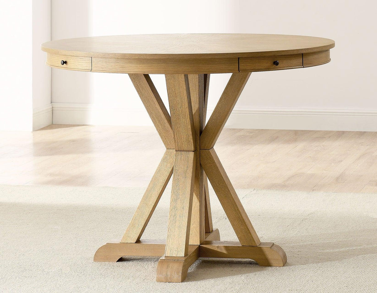 Rylie 48-inch Round Counter Dining Table with 4 Drawers, Natural Finish by Steve Silver at Eve Furniture