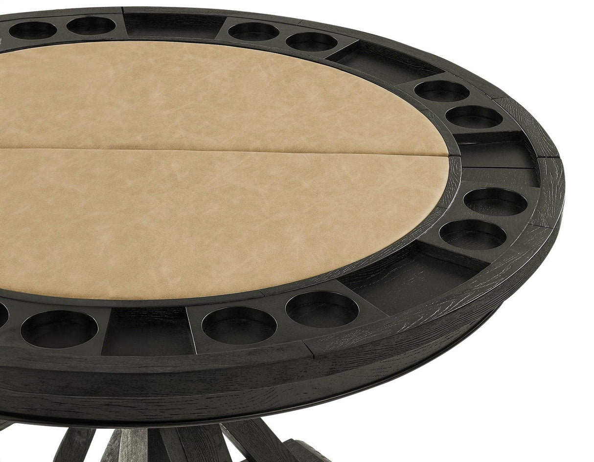 Rylie 48-inch Round Dining Table with Folding Game Top, Black Finish by Steve Silver at Eve Furniture
