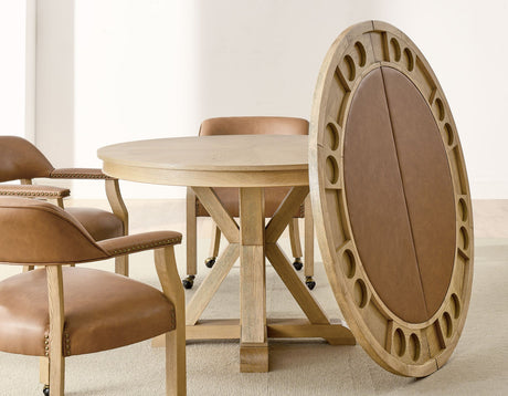 Rylie 48-inch Round Dining Table with Folding Game Top, Natural Finish by Steve Silver at Eve Furniture